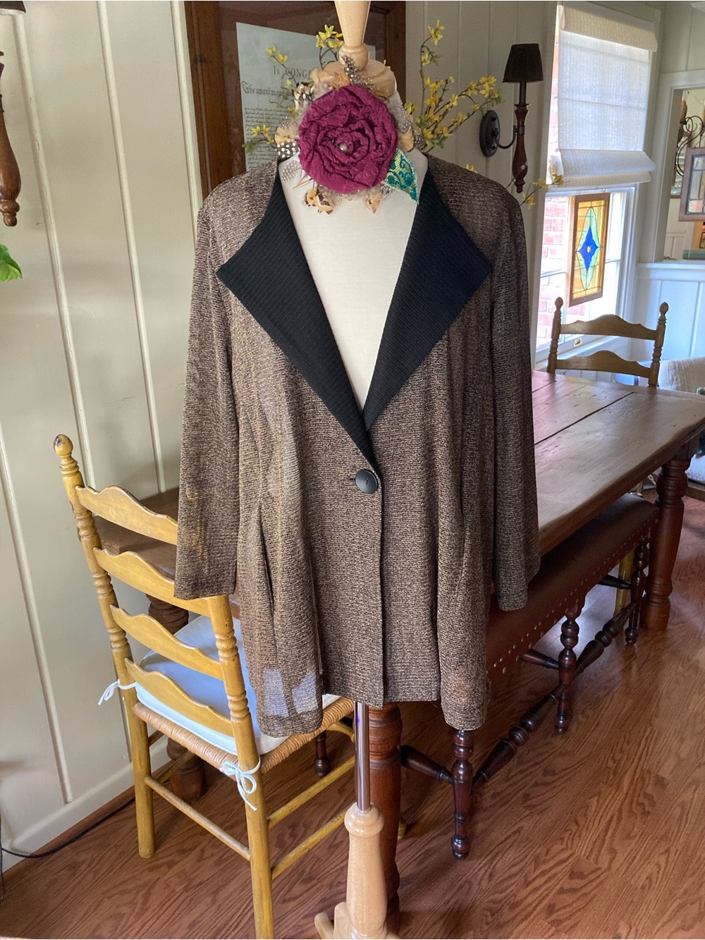 Damee, Inc. Brown Mesh Jacket with Black Draped Collar